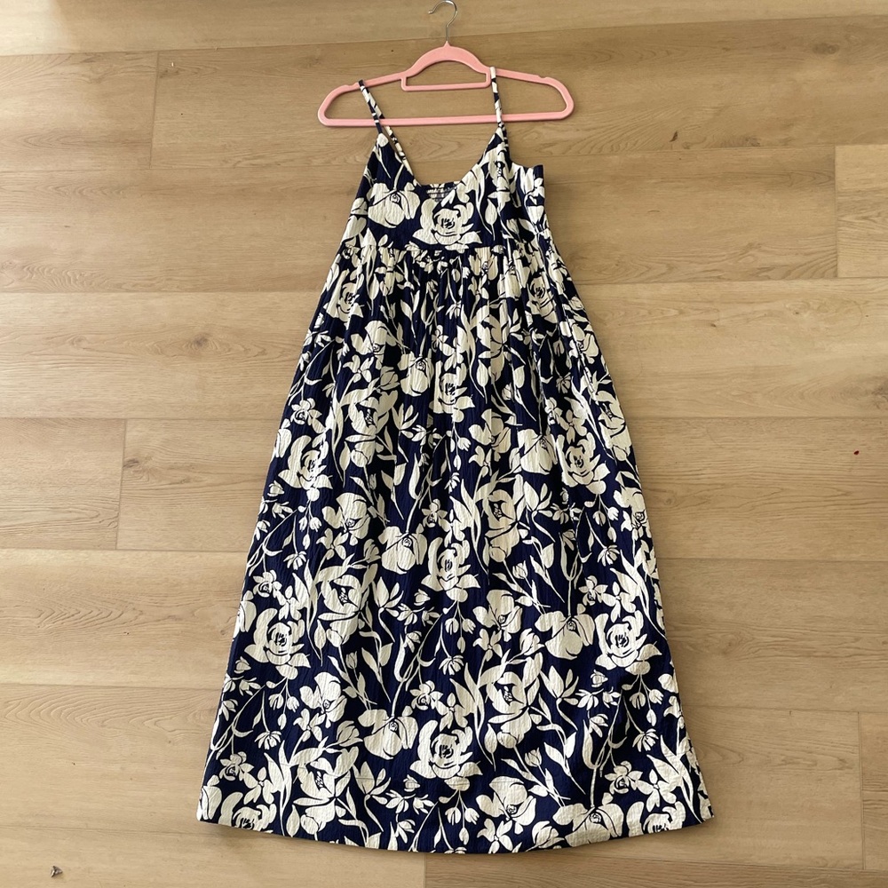 A New Day Floral Midi Dress Small Blue White Smocked Sundress Boho